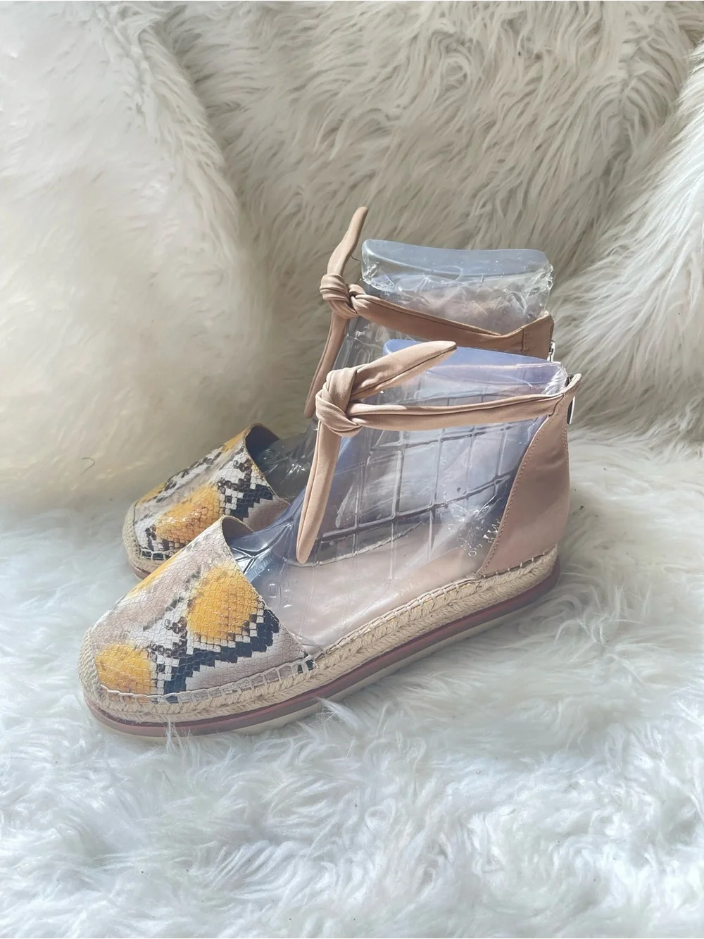 Vince Camuto Yellow, beige & brown Python Espadrille with Nude Ankle Tie SZ12M